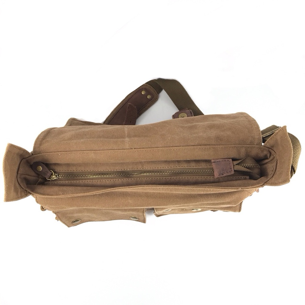 S.C.COTTON Leather and Khaki Canvas Messenger Laptop Office Bag - Picture 9 of 11